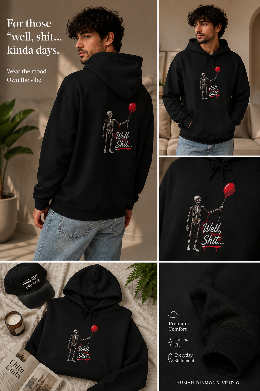 Well, Shit… Skeleton & Red Balloon Hoodie | Unisex Graphic Sweatshirt