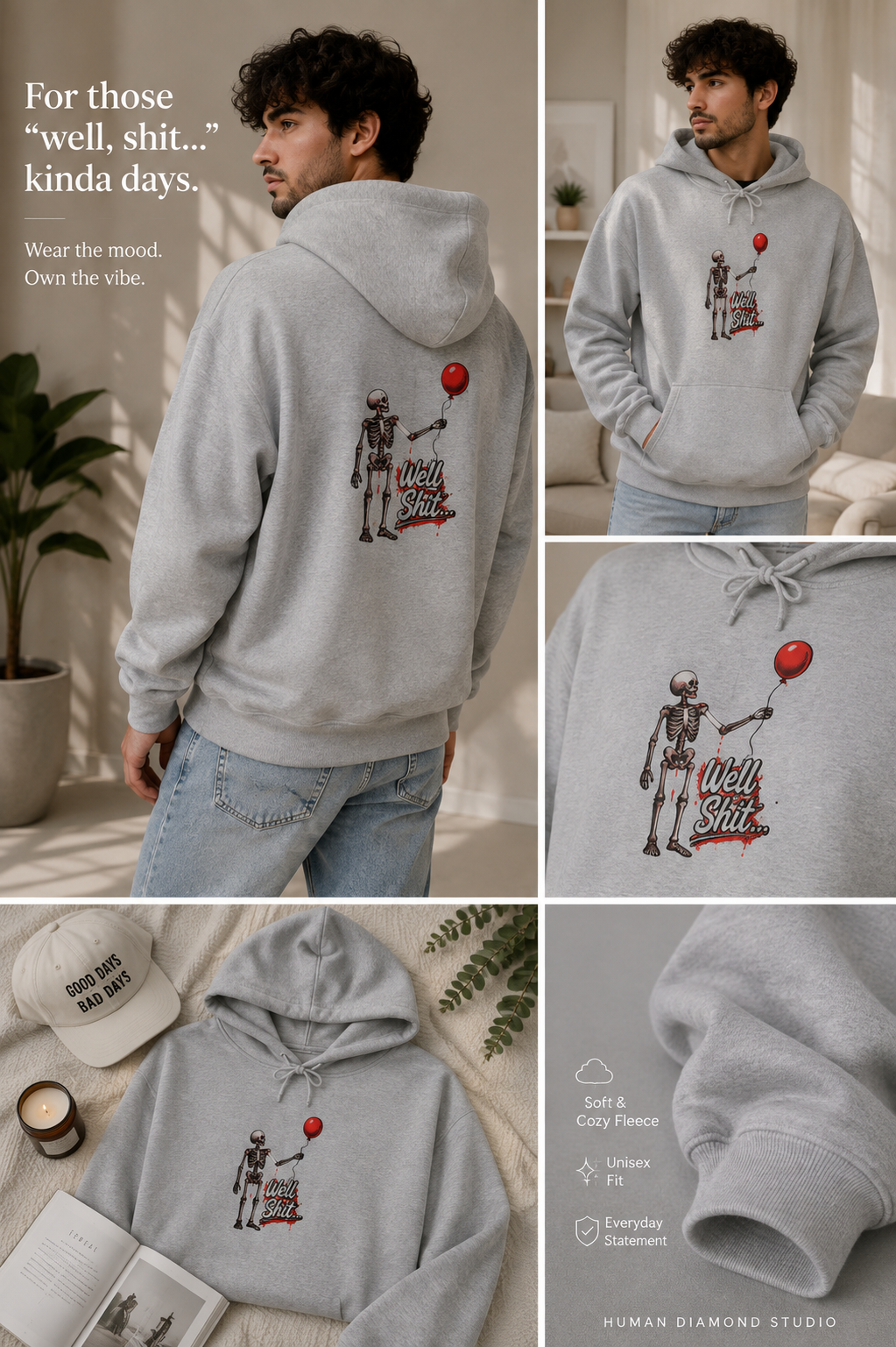 Well, Shit… Skeleton & Red Balloon Hoodie | Unisex Graphic Sweatshirt