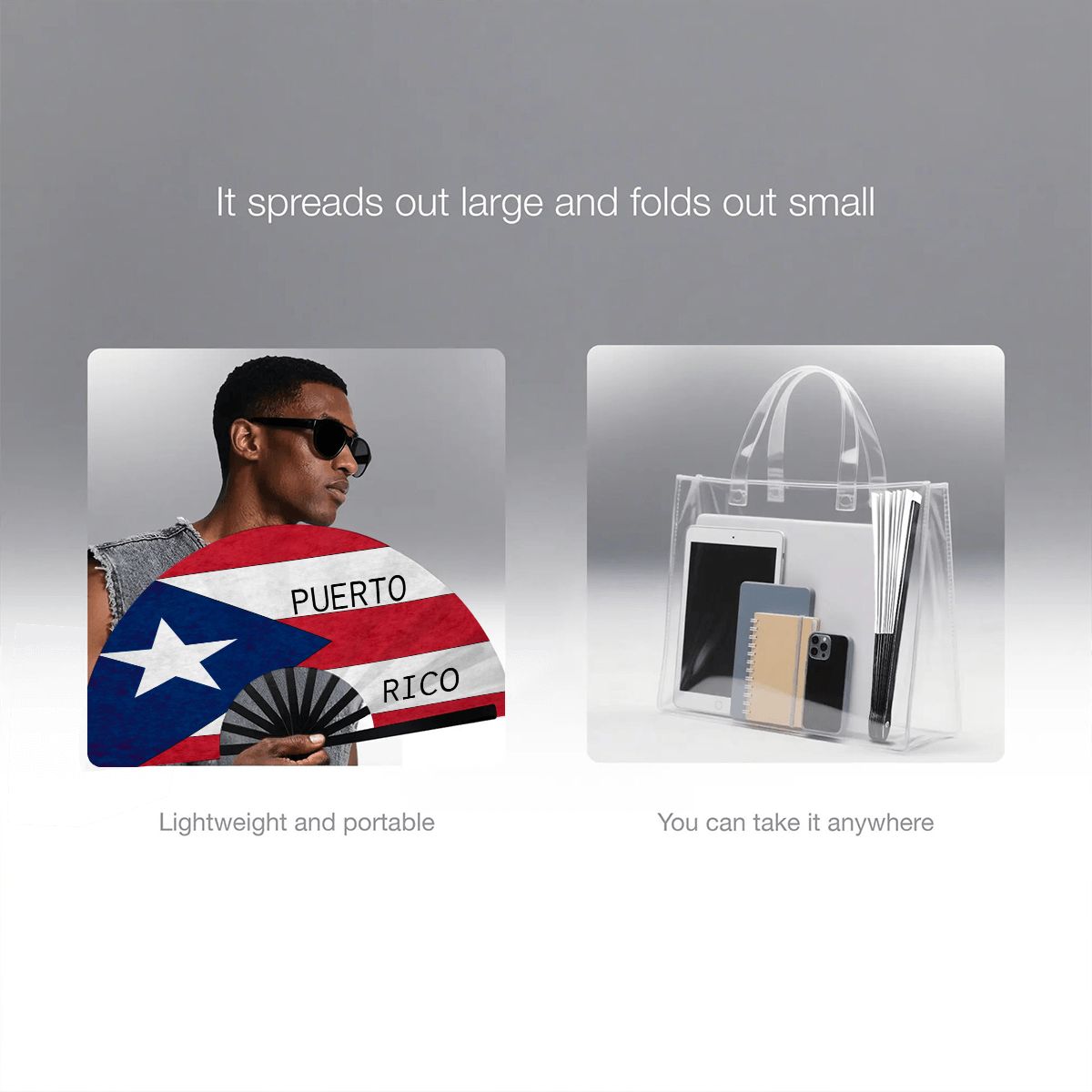 Puerto Rico Flag Folding Hand Fan | Boricua Satin Fan | Puerto Rican Festival & Parade Fan | Lightweight Handheld Cooling Fan