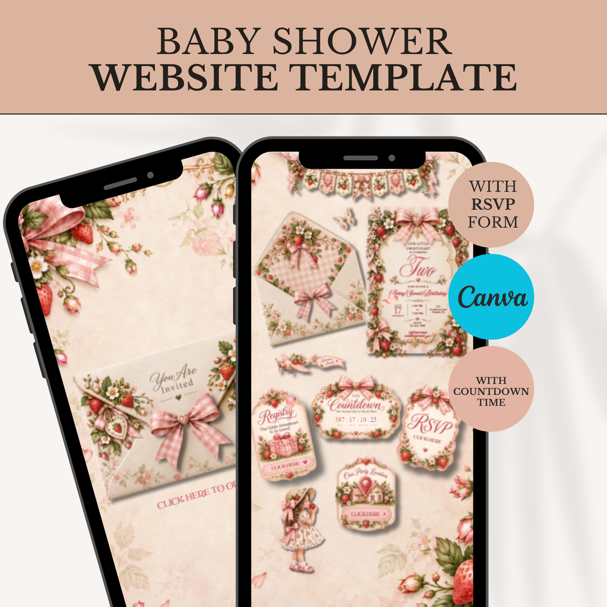 Berry Sweet Strawberry 2nd Birthday Digital Invitation | Editable Canva Template