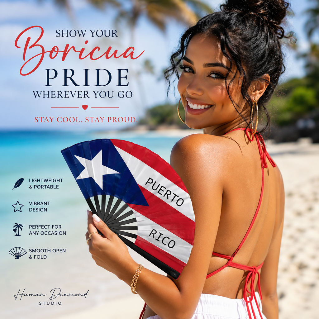 Puerto Rico Flag Folding Hand Fan | Boricua Satin Fan | Puerto Rican Festival & Parade Fan | Lightweight Handheld Cooling Fan