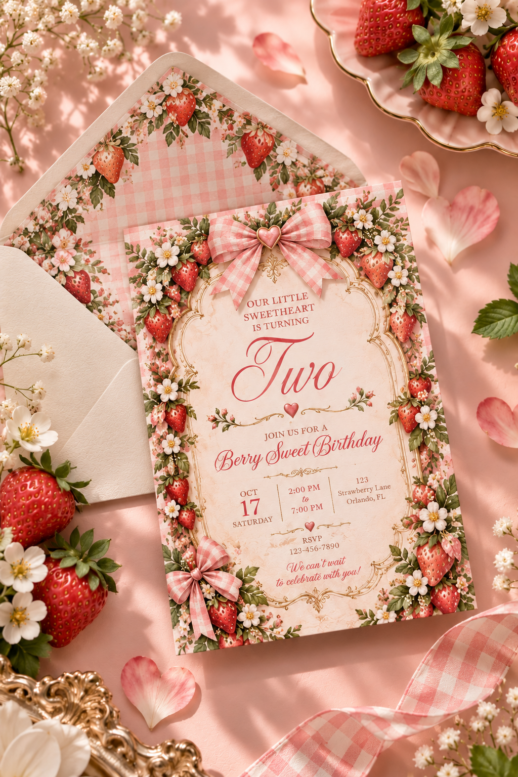 Berry Sweet Strawberry 2nd Birthday Digital Invitation | Editable Canva Template