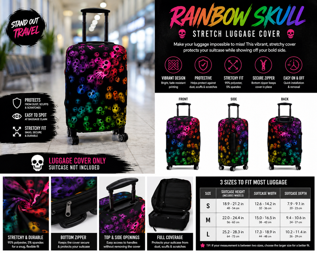 Rainbow Skull Stretch Luggage Cover — Neon Skull Travel Protector