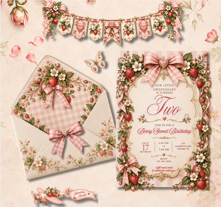 Berry Sweet Strawberry 2nd Birthday Digital Invitation | Editable Canva Template