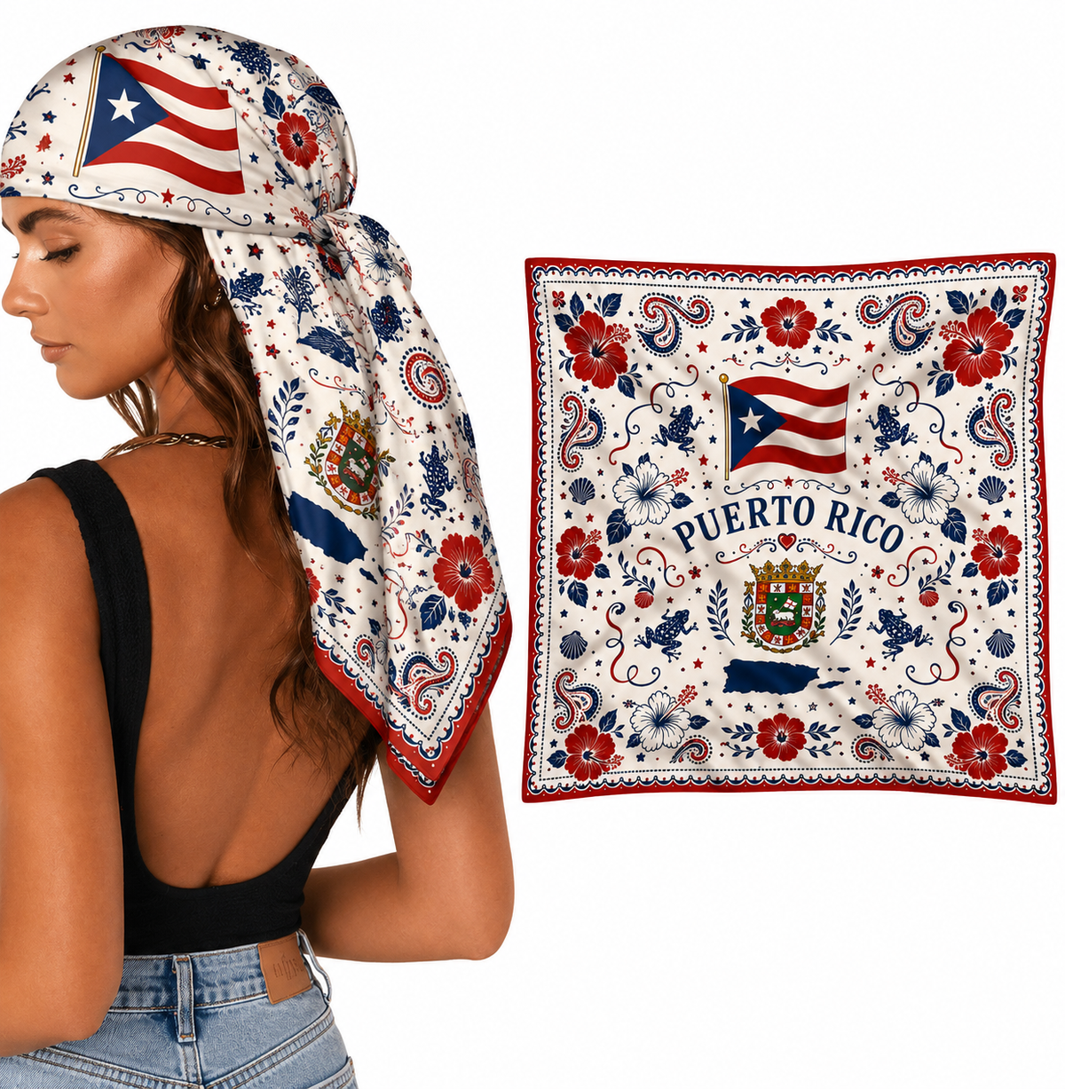 Puerto Rico Floral Satin Bandana | Boricua Heritage Scarf | Puerto Rican Head Scarf | Caribbean Fashion Accessory | Hair Scarf | Neck Scarf | Gift for Boricuas