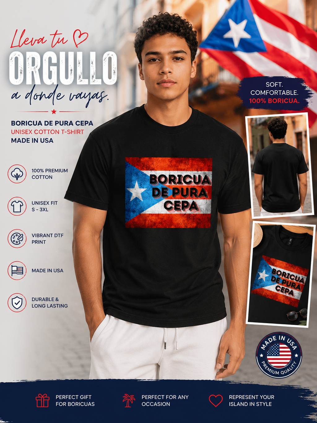 Boricua de Pura Cepa T-Shirt | Puerto Rican Pride Shirt | Unisex Puerto Rico Flag Tee | Made in USA