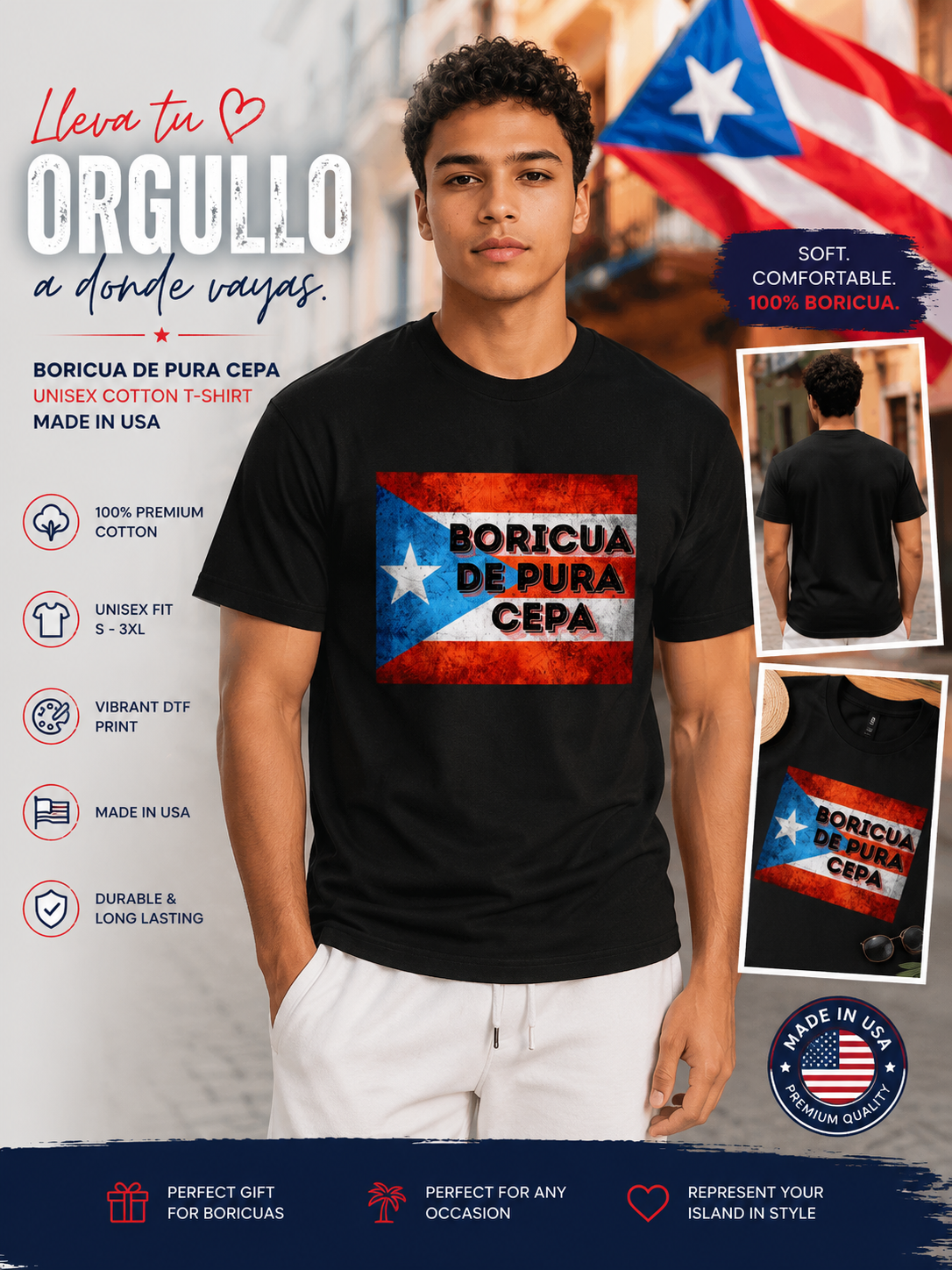 Boricua de Pura Cepa T-Shirt | Puerto Rican Pride Shirt | Unisex Puerto Rico Flag Tee | Made in USA