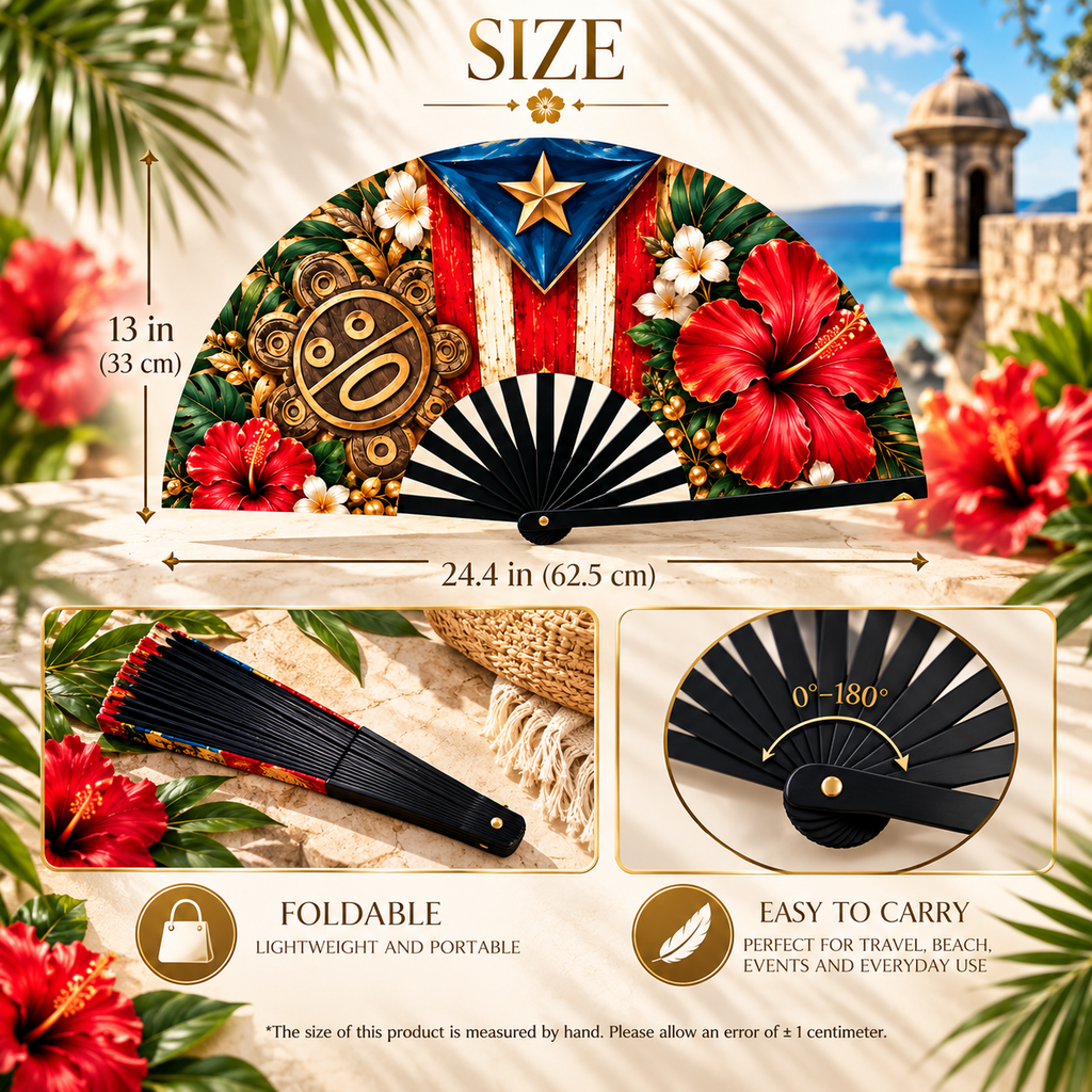 Puerto Rico Heritage Luxury Folding Fan | Boricua Tropical Hibiscus Hand Fan