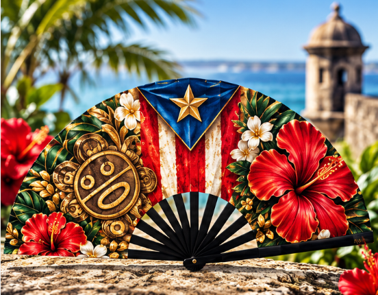 Puerto Rico Heritage Luxury Folding Fan | Boricua Tropical Hibiscus Hand Fan
