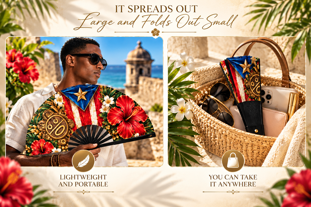 Puerto Rico Heritage Luxury Folding Fan | Boricua Tropical Hibiscus Hand Fan