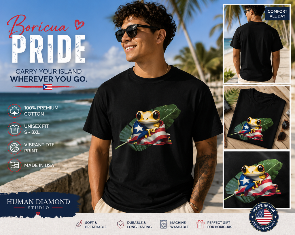 Puerto Rico Coquí Frog T-Shirt | Boricua Pride Unisex Cotton Tee | Puerto Rican Flag Shirt | Hispanic Heritage Gift | Made in USA