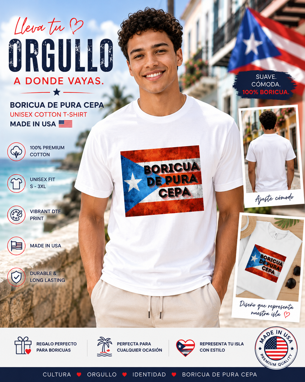 Boricua de Pura Cepa T-Shirt | Puerto Rican Pride Shirt | Unisex Puerto Rico Flag Tee | Made in USA