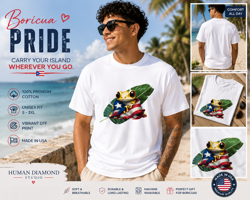 Puerto Rico Coquí Frog T-Shirt | Boricua Pride Unisex Cotton Tee | Puerto Rican Flag Shirt | Hispanic Heritage Gift | Made in USA